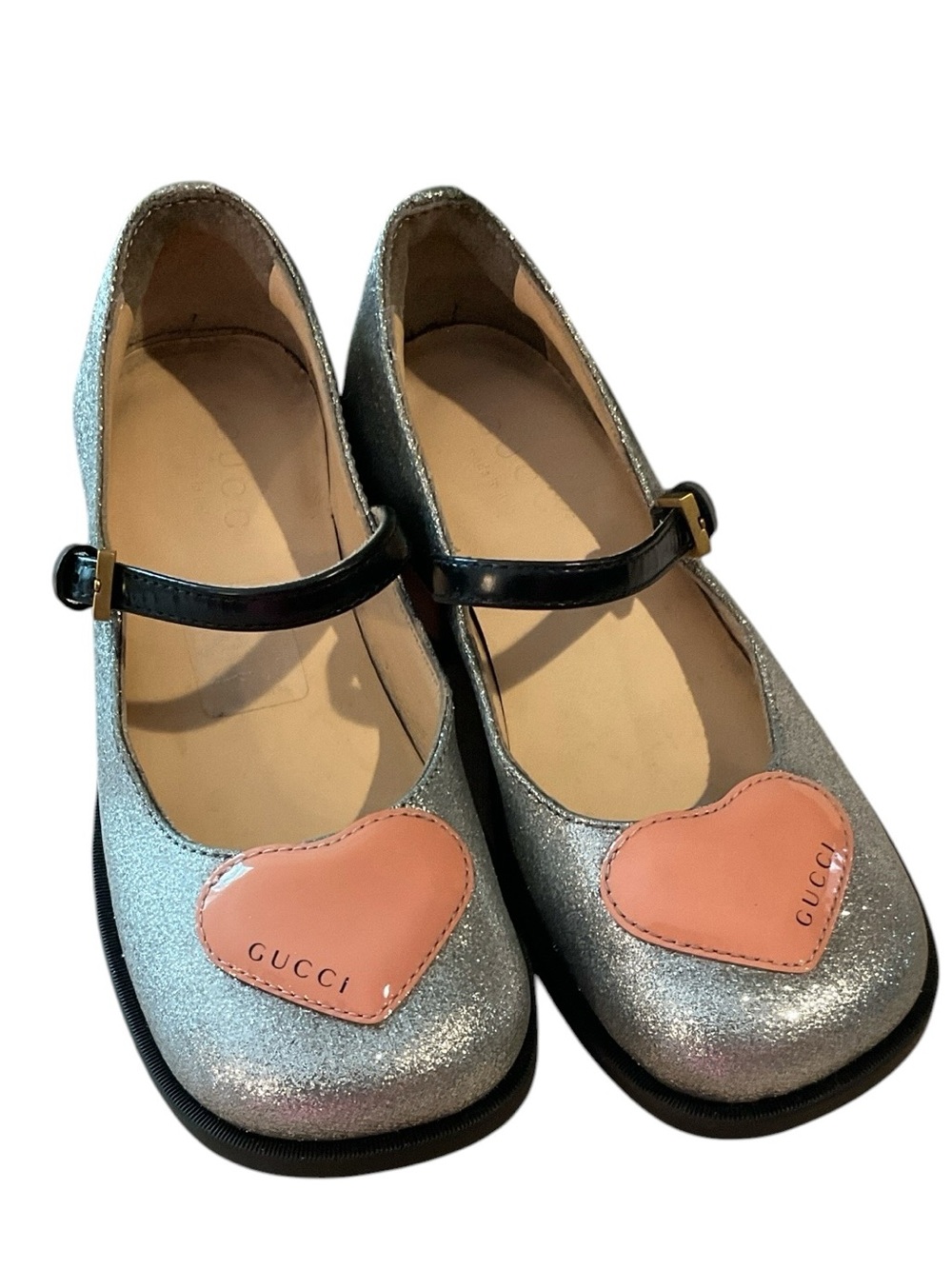 Authentic Gucci Girls Silver Glitter Mary Janes with Pink Heart Patch